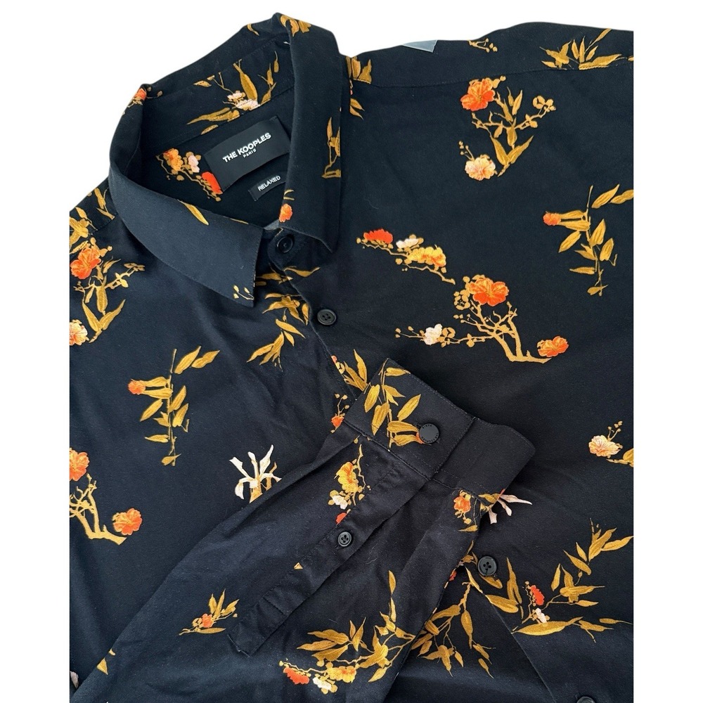 The Kooples Paris Men Shirt Button L Black Floral Art All Over Print Flowy